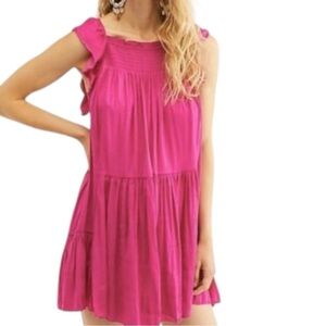 Free People Women’s XS Fuchsia Pink Want Your Love Ruffled Hems Tie Back Dress